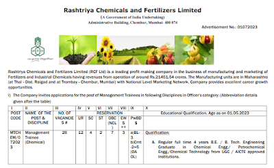 RCF Limited Management Trainee 2023 Online Form   Total Vacancy: 124  Rashtriya Chemicals & Fertilizers Limited (RCFL) has announced a notification for the recruitment of Management Trainee vacancy. details & completed all eligibility criteria can read the Notification & Apply Online.  Rashtriya Chemicals & Fertilizers (RCF) Limited ,Management Trainee Vacancy 2023 Important Dates  Starting Date to Apply Online: 26-07-2023