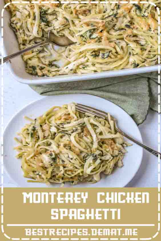 Monterey Chicken Spaghetti is packed with chicken, spinach and pasta and topped wit crispy fried onions. This is sure to become a new family favorite!#Appetizers#Spicy Appetizers