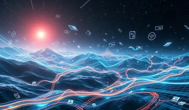A futuristic landscape depicting a seamless blend of digital and physical elements, with vibrant holograms representing various data streams, interconnected neural networks, and visual representations of sound waves and images merging harmoniously, surrounded by an ethereal glow symbolizing advanced AI capabilities.