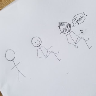 Three small drawings of stick people, the first is a simple one. The second has joints in the arms and legs and is sitting with one leg crossed over the other. The last one is in the same sitting position, but has a mohawk and sunglasses, is giving a thumbs up, and is saying "Oh yeah!"