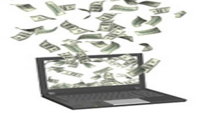 Dollar bills floating in the air from the screen of a black laptop.