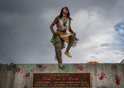 Than TsÃ­dÃ©h, 19, of the Ohkay Owingeh Pueblo dancing on an empty platform where a statue of brutal Spanish conquistador Juan de OÃ±ate was removed from where it once stood in Rio Arriba county, New Mexico, during the immediate aftermath of the murder of George Floyd in June 2020.