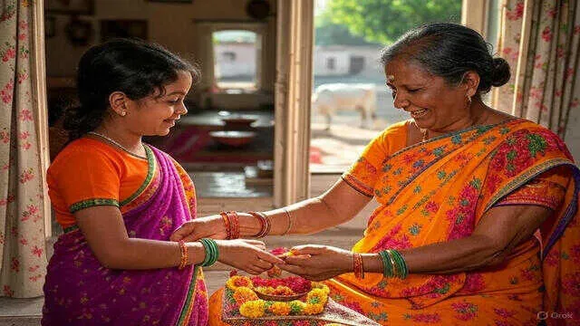 A grandmother and granddaughter sweeping the courtyard of a traditional Indian home. Both wear sarees and bangles, smiling while turning chores into exercise.