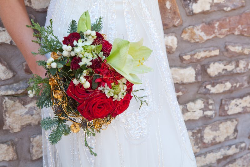 The Bridal Bouquet of deep red Grand Amore Roses Green Amaryllis Arabicum 