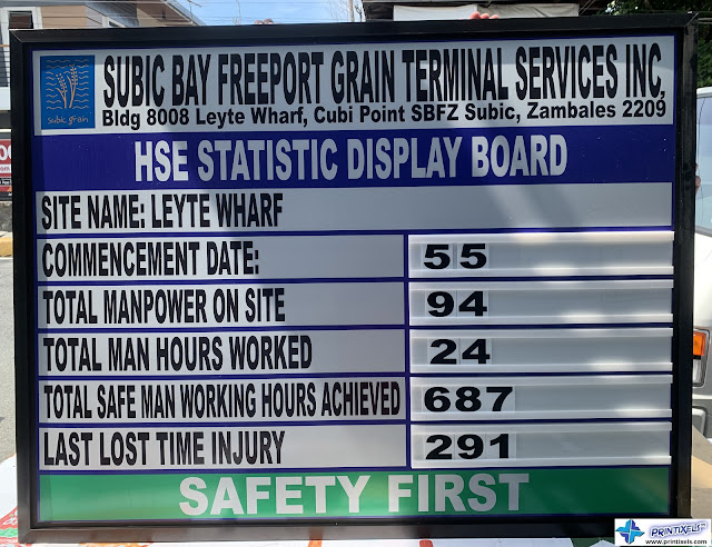Customized health and safety statistics (HSE) display board for Subic Bay Freeport Grain Terminal Services, Inc.