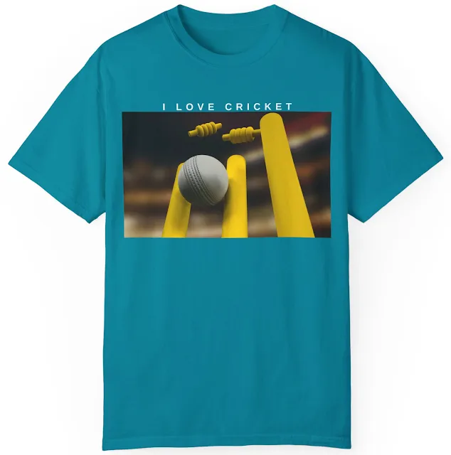 Garment Dyed Personalized Cricket T-Shirt With White Leather Cricket Ball Hitting the Yellow Wooden Stumps and Caption I Love Cricket
