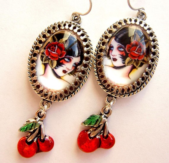 Cherry Bomb Old School Tattoo Flash Earrings by PersephonePlus