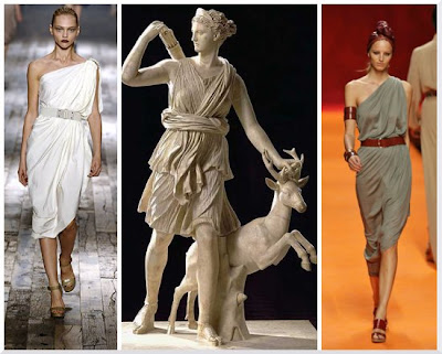 Image of Artemis, Greek goddess of hunting, Grecian-inspired frocks by Hermes and Lanvin from Spring 2008