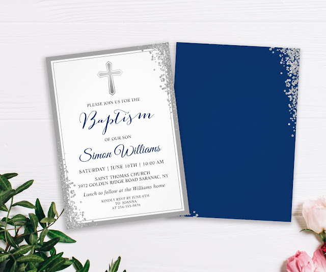  Silver Glitter Navy Blue Boy Baptism Invitation