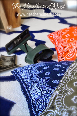 Pop on over now to check out these quick, easy and INEXPENSIVE Dollar Store Bandana Pillows!  Add a pop of color to any room in your house!