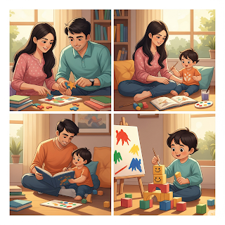 माता-पिता अपने बच्चे को किताब पढ़ाते हुए, सोचने की शक्ति बढ़ाने में मदद करते हुए