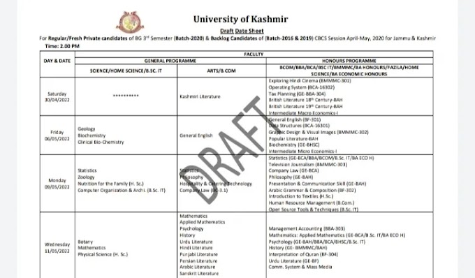 Kashmir university datesheet for BG 3rd semester batch 2020 and for backlog batches real Or fake check here