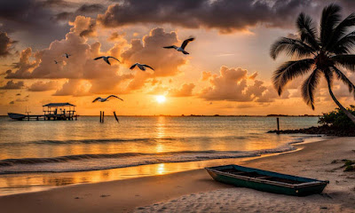 sunset over tropic sea and boat on beach.