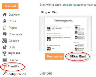 Pagina de editar html en blogger