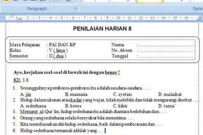 SOAL ULANGAN HARIAN PAI KELAS 5 SEMESTER 2 K-13 