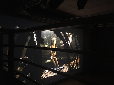 Haapsalu õudukafestival, hetk väikses kinosaalis. Ekraanil istub puust naisenukk juurte ja okste vahel.