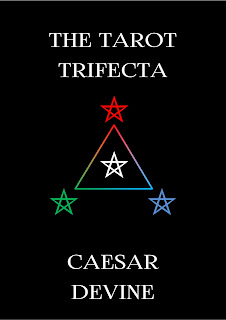 The Tarot Trifecta by Caesar Devine book cover showing a triangle containing a white pentagram with 3 further pentagrams outside coloured red, green, and blue which match the gradient effect on the triangle