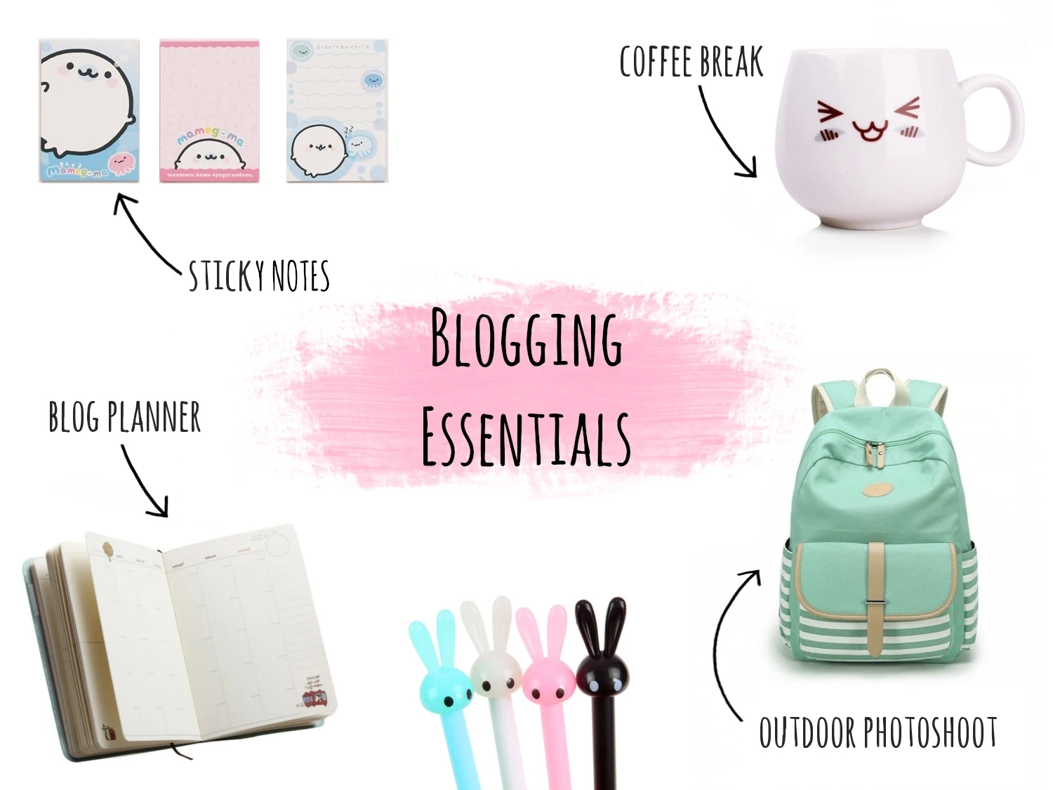 collage with 8 essential items for productive blogging