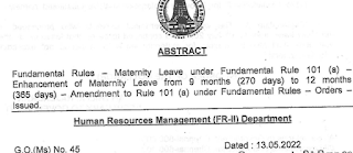 G.O-45-மகப்பேறு விடுப்பை 365 நாட்களாக உயர்த்துதல் - அடிப்படை விதியில் திருத்தம் செய்து அரசாணை வெளியீடு