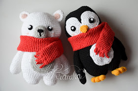 Krawka: Cute black winter penguin with a red scarf crochet pattern by Krawka, polar bear, winter Christmas amigurumi patterns PDF