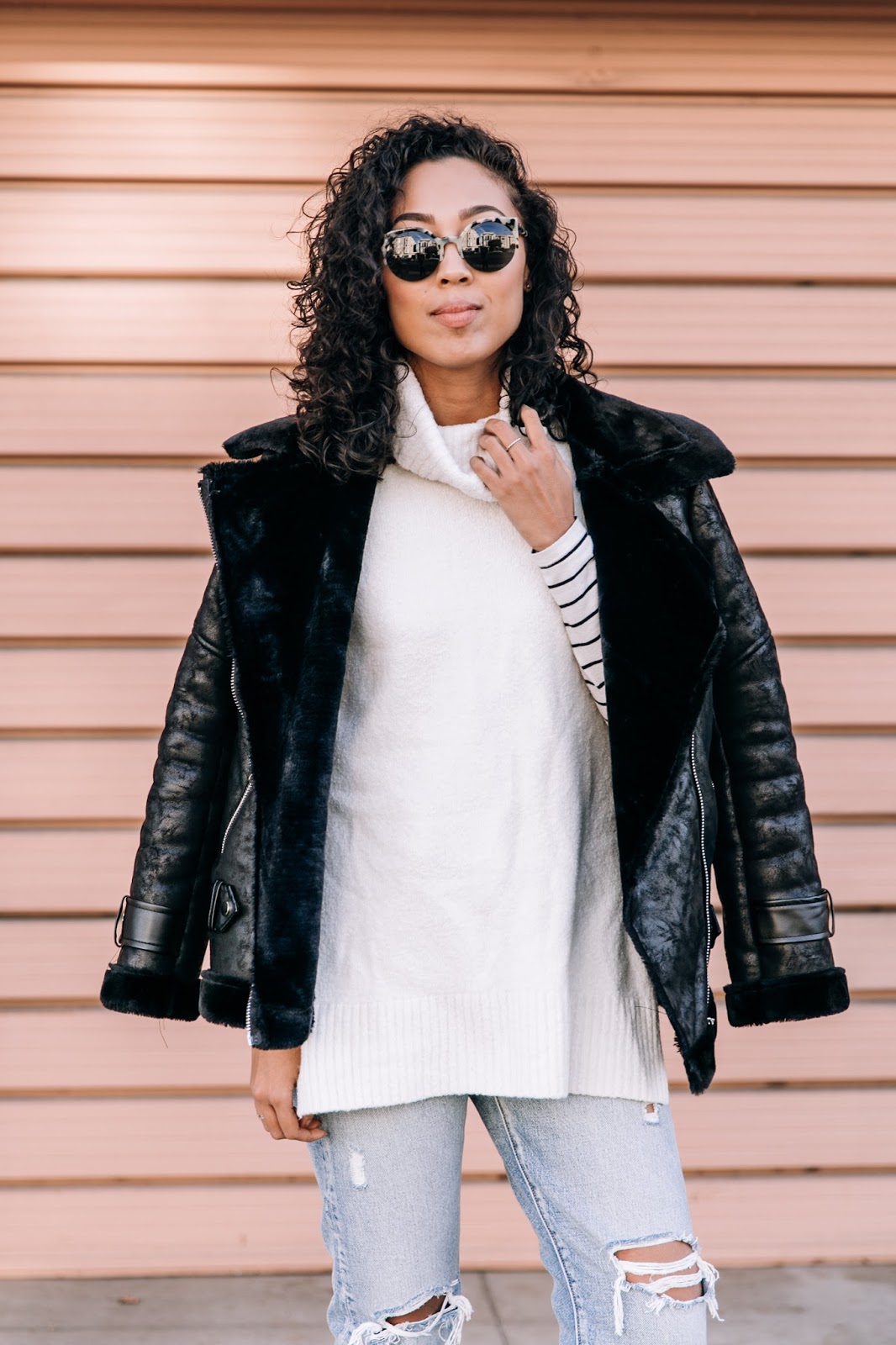 pancakestacker blog; #ootd; outfit; boohoo faux shearling aviator jacket; retro super future sunglasses; Levi's wedgie distressed denim; everlane day heel 