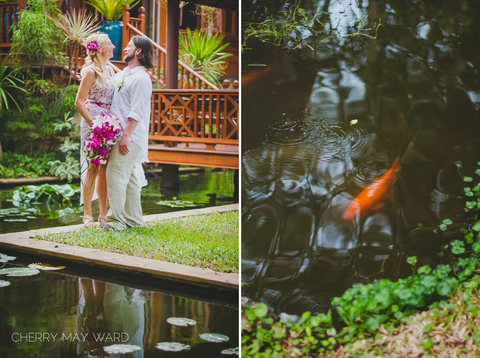 bride and groom portraits in Thai villa gardens, fish in pond in gardens, beautiful bride and groom portraits in Thai gardens, destination wedding, classic Thai style villa