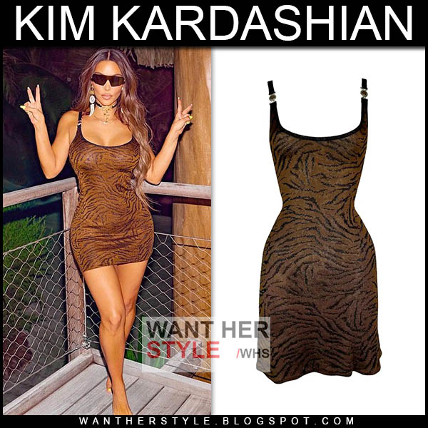 Kim Kardashian in brown tiger print mini dress