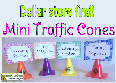 These mini traffic cone from the dollar store make the cutest sign holder.  All you do is cut a small slit in the top and then they can hold small signs.  Perfect for tables and center areas.