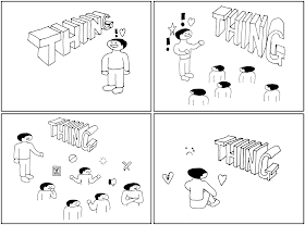Panel 1: a man sees giant block letters that spell 'thing.' The man looks joyful and surprised. There are an exclamation mark and a heart above his head. Panel 2: The man is addressing a group of five other men. He is gesturing towards the 'thing,' with two exclamation marks, a heart, and a star around his head. Panel 3: the five men turn to walk away, with looks of disgust, boredom, or disinterest. Around them are a check box with an x in it, a circle and line 'prohibited' icon, a thumbs-down icon, an X, and a bubble bursting icon. The main character looks surprised and disappointed. Panel 4: the man is alone with the 'thing,' sitting on the floor facing towards the 'thing.' Around his head are a broken heart icon, a sad face with a tear icon, and a heart.