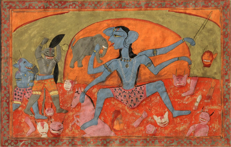 The fierce-looking blue-complexioned Kali is charging against demons  - Pahari School, c1825-1850