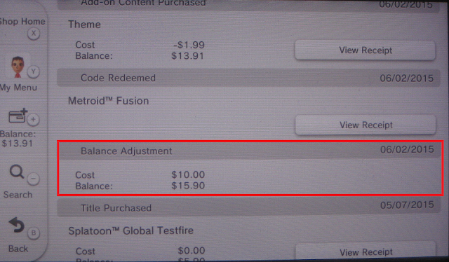 Nintendo eShop balance adjustment screenshot picture money funds