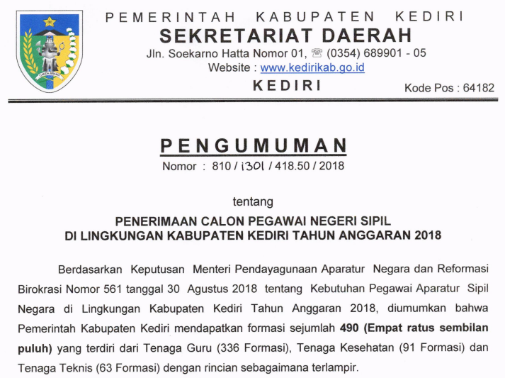 Pengumuman Cpns Kabupaten Kediri Jawa Timur Tahun 2018