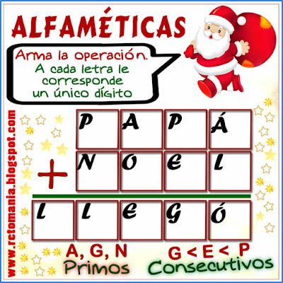 Alfamética, Criptoaritmética, Criptosuma, Criptograma, Navidad, Matemáticas y Navidad, Juego de palabras, Suma de palabras, Desafíos matemáticos, Retos matemáticos, Problemas matemáticos