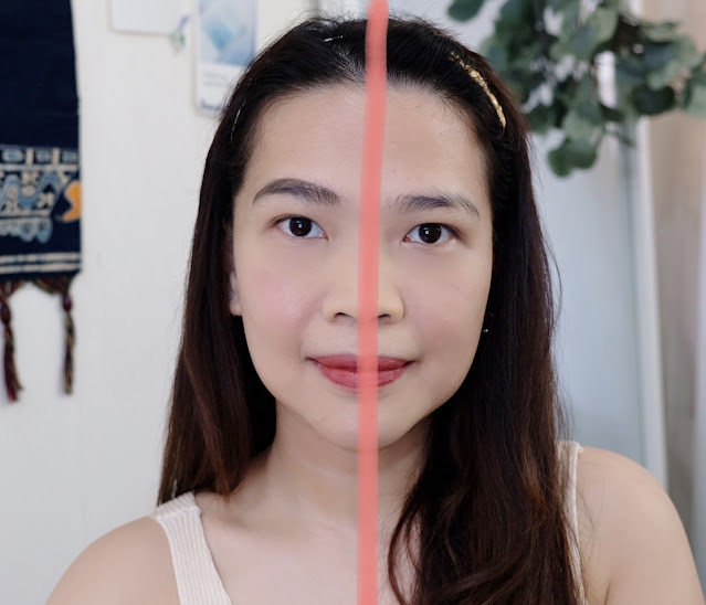 Half face before and after photo of Benefit POWmade Brow Pomade Review By Nikki Tiu of askmewhats.com