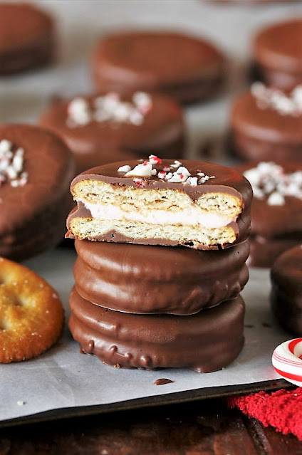 Stack of Chocolate Covered Peppermint Ritz Cookies Image