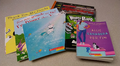 libros en espanol, y libros bilingues: 'Thank You, Mr. Panda / Gracias, Sr. Panda,' 'Soy mas grande que tu / I'm Bigger than You,' 'Casi un Narval,' 'Exploradores,' 'Hombre Perro se desata' y 'Allie, Ganadora por Fin'