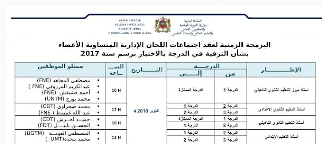 البرمجة الزمنية لعقد اجتماعات اللجان الادارية المتساوية الأعضاء بشأن الترقية بالاختيار برسم سنة 2017 والتسقيف 2018