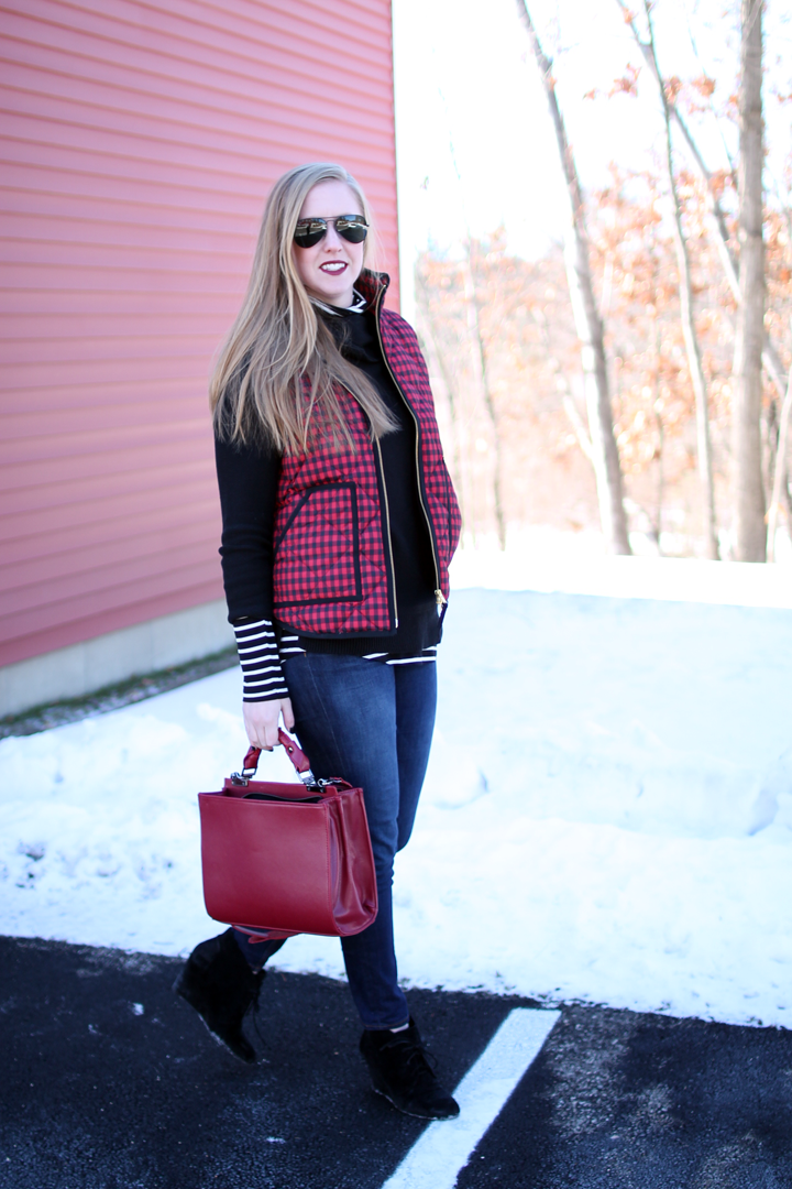 j.crew puffer vest buffalo plaid, boston style blogger, winter layers, red and black buffalo plaid, old navy striped top, black sweater, ray-ban aviators,