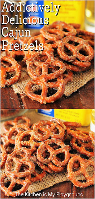 Addictively Delicious Cajun Pretzels ~ SUPER tasty pretzel twists seasoned with Old Bay, Ranch seasoning, & cayenne pepper. They're addictively delicious! Perfect for game day or any day snacking.  www.thekitchenismyplayground.com