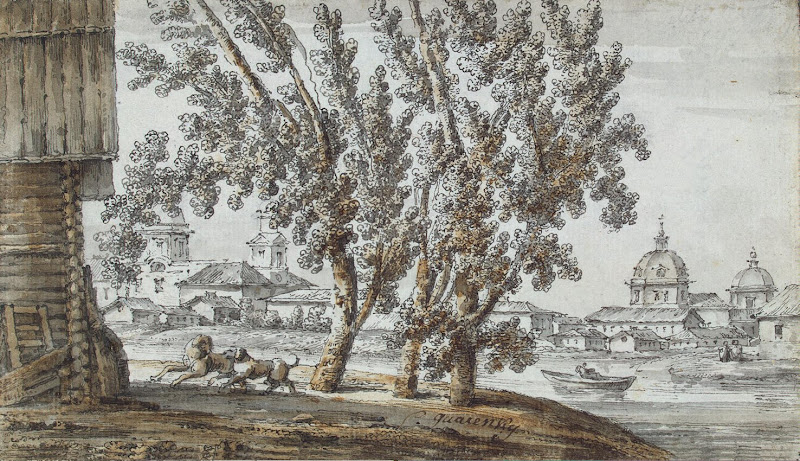 Landscape with Churches by the River by Giacomo Quarenghi - Landscape Drawings from Hermitage Museum