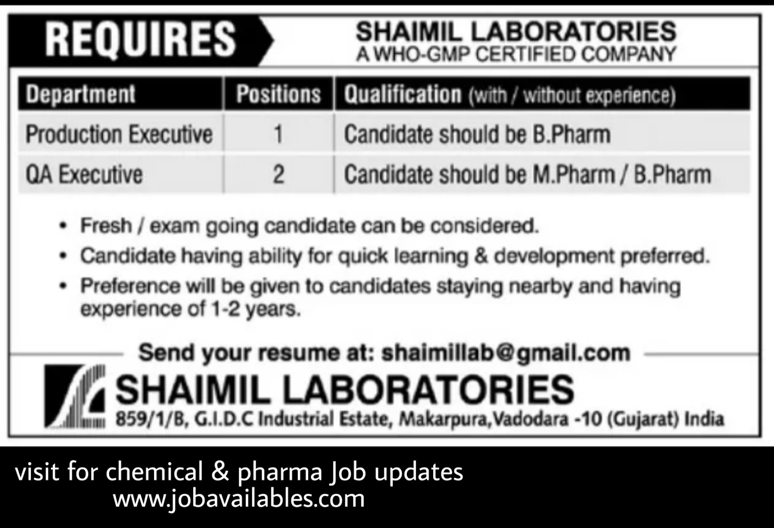 Job Availables, Shaimil Laboratories Gujarat Job Opening For Fresher & Experienced B.Pharm/ M.Pharm