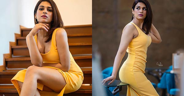 Shraddha Das yellow dress cleavage sexy legs hot