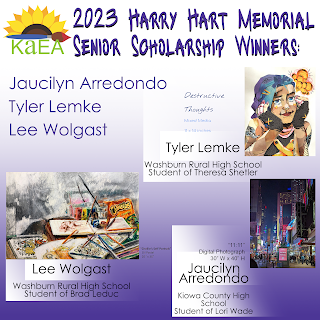the 2023 harry hart memorial senior scholarship winners are listed along with an image of their artwork.