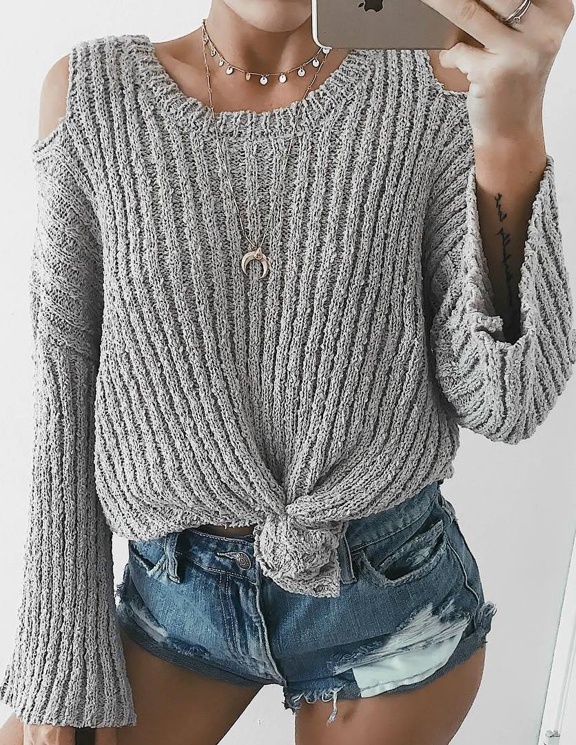 ootd | grey sweater + denim shorts