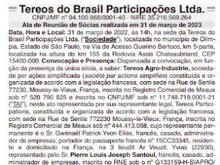 Imagem mostra ata de reunião de sócios da Tereos