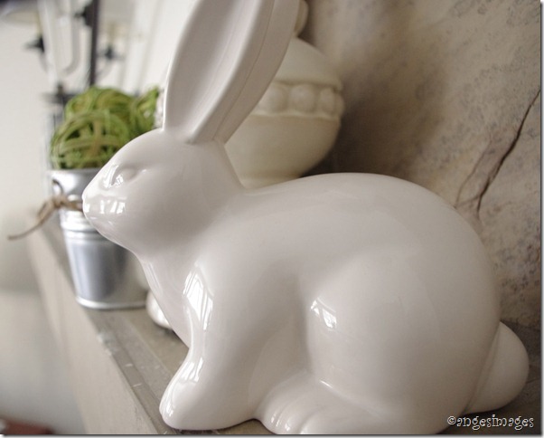 Spring Mantel with ceramic rabbit and IKEA flowerpots and lantern