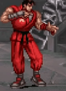 Shows Guy from Final Fight three wearing red Karate outfit with trainers on his feet white and red laces on it and  also he standing on cement and shows stairs on top of screen  .png