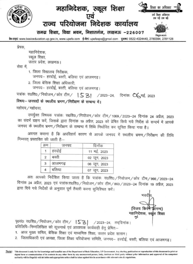 Basic Shiksha News : मासिक समीक्षा बैठकों में न्यूनतम प्रदर्शन करने वाले 25 जनपदों का भौतिक निरीक्षण कर उत्तरदायित्व निर्धारित करने हेतु महानिदेशक सहित राज्य स्तरीय अधिकारियों की कोर टीम गठित, देखें