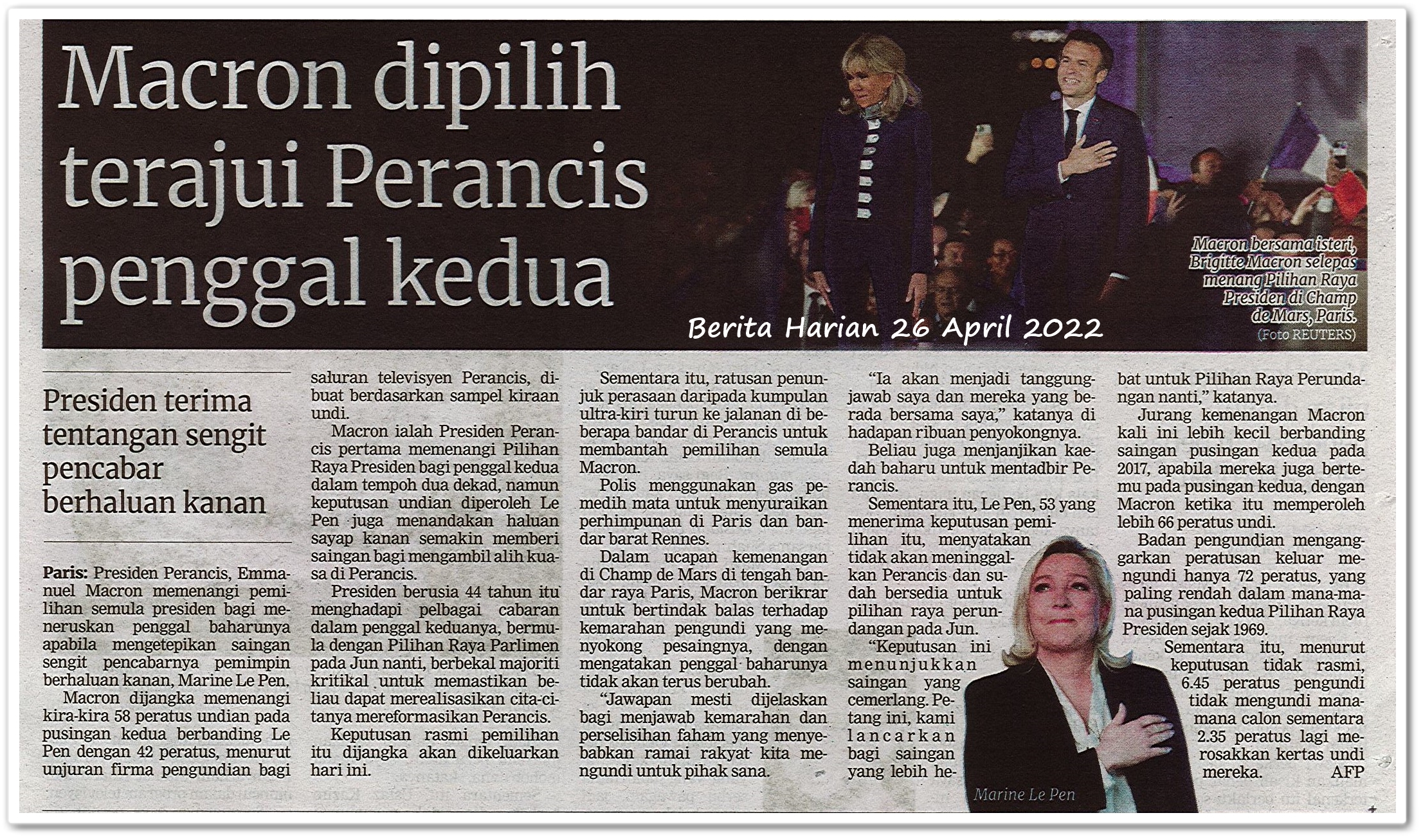 Macron dipilih terajui Perancis penggal kedua - Keratan akhbar Berita Harian 26 April 2022