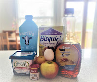 ingredients for recipe include skim milk, margarine, gluten free pancake mix, sugar free pancake syrup, 1 egg, cinnamon, and 2 apples